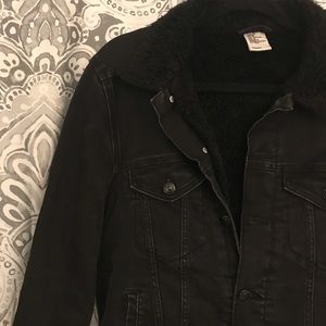 H&M Distressed Black Jean Jacket w/ Faux Sheepskin